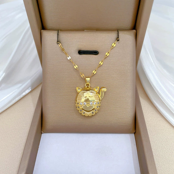 Necklace Stainless Steel Geometric Lucky Cat Design For Women
