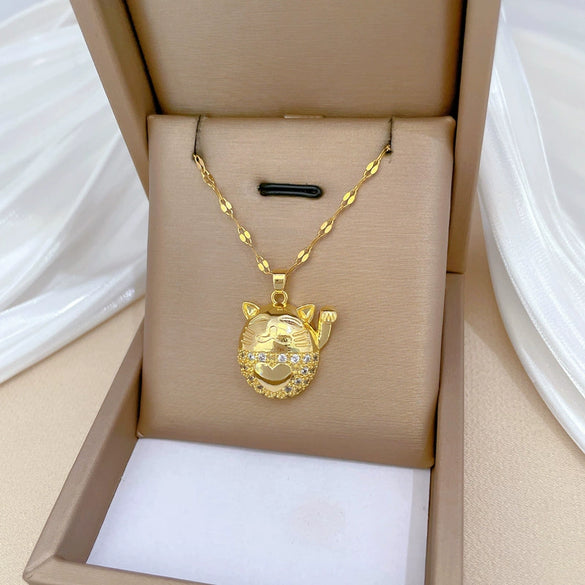 Necklace Stainless Steel Geometric Lucky Cat Design For Women