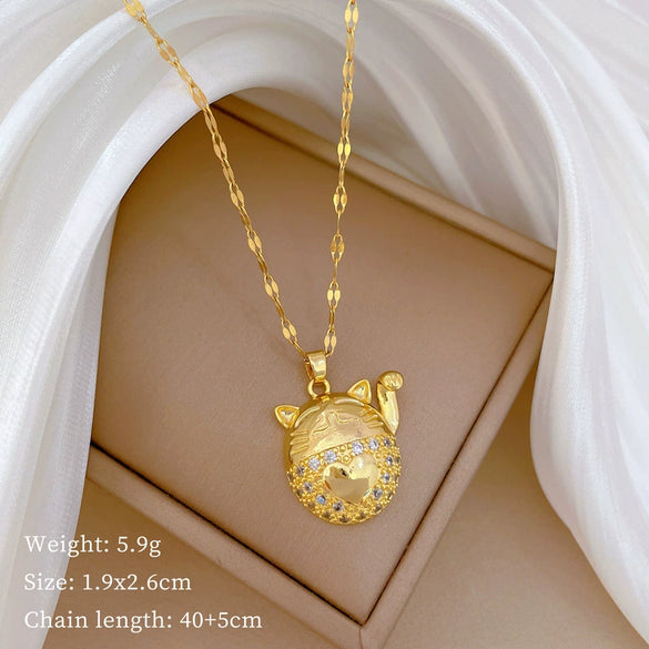 Necklace Stainless Steel Geometric Lucky Cat Design For Women