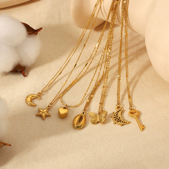 Necklace Stainless Steel Geometric Moon Key Pendant Electroplating Minimalist Style