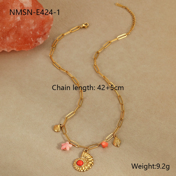 Necklace Stainless Steel Geometric Pattern Electroplating For Women Fashion Marine Style With Shell Starfish Pendant