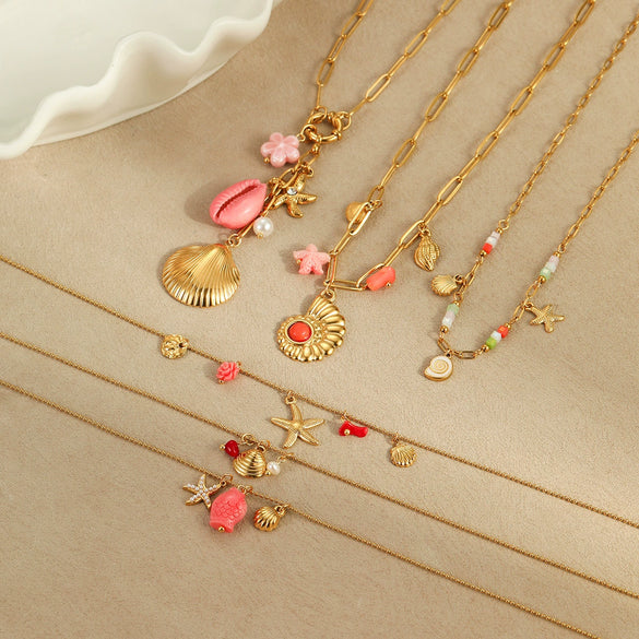 Necklace Stainless Steel Geometric Pattern Electroplating For Women Fashion Marine Style With Shell Starfish Pendant