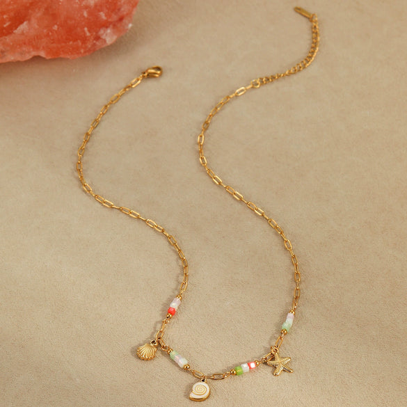 Necklace Stainless Steel Geometric Pattern Electroplating For Women Fashion Marine Style With Shell Starfish Pendant