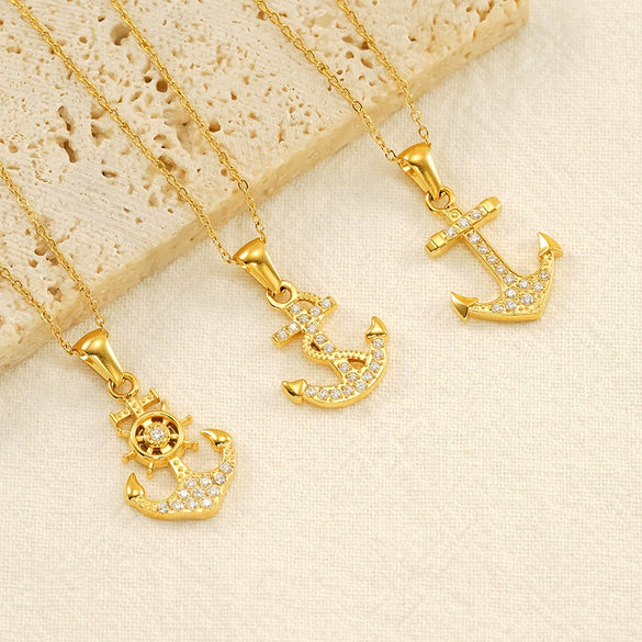 Necklace Stainless Steel Geometric Pirate Ship Anchor Pendant Electroplated Microinlaid Zircon Fashion