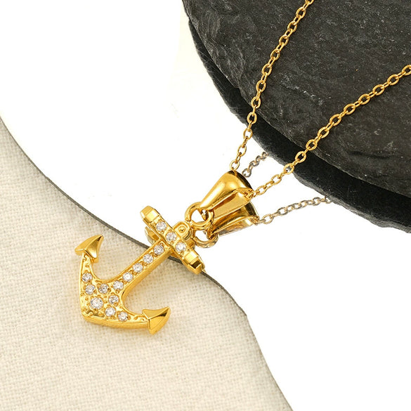 Necklace Stainless Steel Geometric Pirate Ship Anchor Pendant Electroplated Microinlaid Zircon Fashion