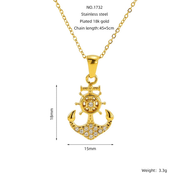 Necklace Stainless Steel Geometric Pirate Ship Anchor Pendant Electroplated Microinlaid Zircon Fashion