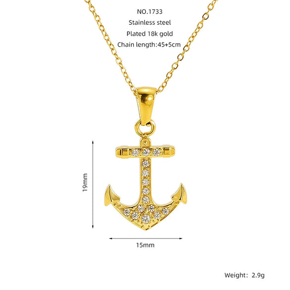 Necklace Stainless Steel Geometric Pirate Ship Anchor Pendant Electroplated Microinlaid Zircon Fashion