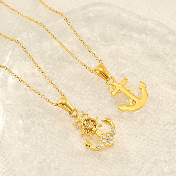 Necklace Stainless Steel Geometric Pirate Ship Anchor Pendant Electroplated Microinlaid Zircon Fashion