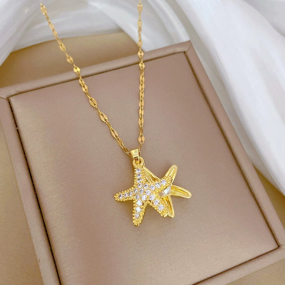 Necklace Stainless Steel Geometric Sea Star Pearl Light Luxury Elegant Gorgeous Unisex Titanium Steel Chain