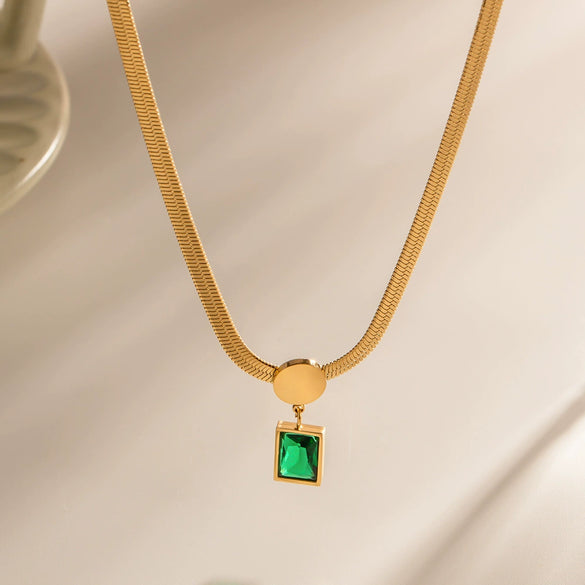 Necklace Stainless Steel Geometric Square Zircon Pendant Snake Chain Electroplating Women's