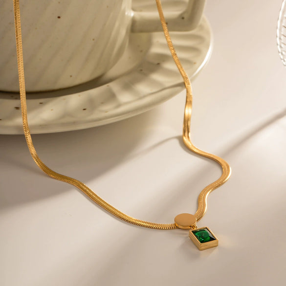 Necklace Stainless Steel Geometric Square Zircon Pendant Snake Chain Electroplating Women's