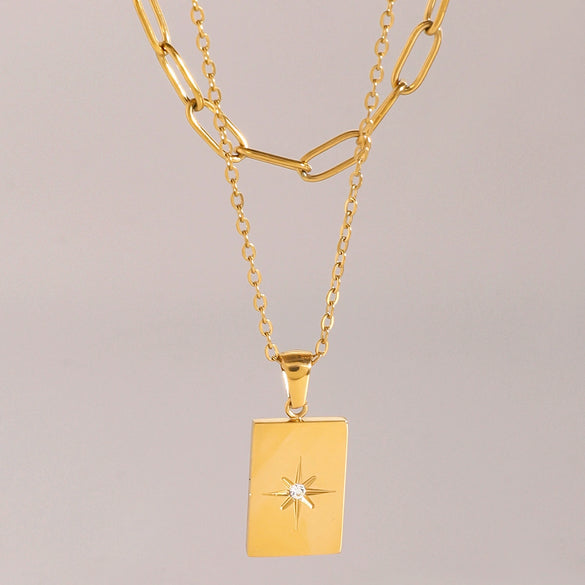 Necklace Stainless Steel Geometric Star Square Pendant Double Chain Electroplated For Women