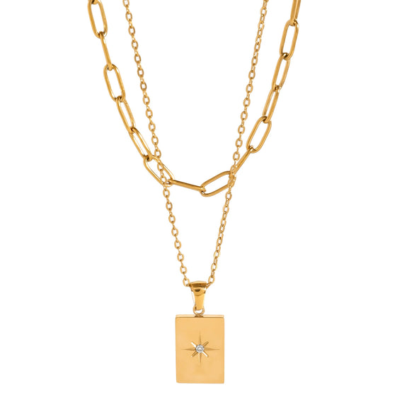 Necklace Stainless Steel Geometric Star Square Pendant Double Chain Electroplated For Women