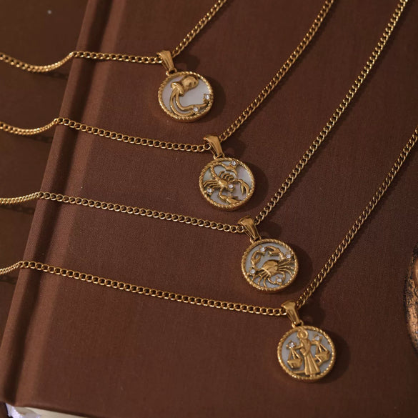 Necklace Stainless Steel Geometric Twelve Constellations Coin O Shaped Chain Vacuum Plated 18K Gold Color Preservation Old Money Style Unisex