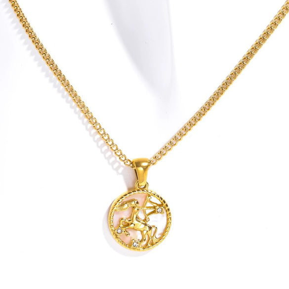 Necklace Stainless Steel Geometric Twelve Constellations Coin O Shaped Chain Vacuum Plated 18K Gold Color Preservation Old Money Style Unisex