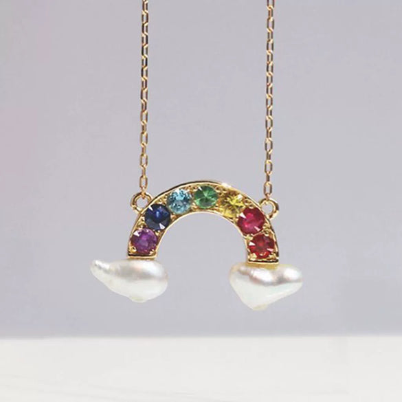 Necklace Stainless Steel Geometric U Shaped Rainbow Natural Baroque Pearl Multi Pendant Electroplating