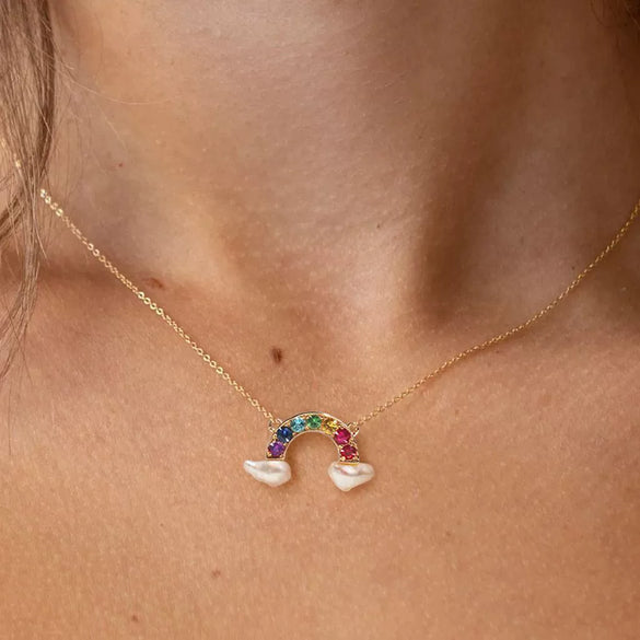 Necklace Stainless Steel Geometric U Shaped Rainbow Natural Baroque Pearl Multi Pendant Electroplating