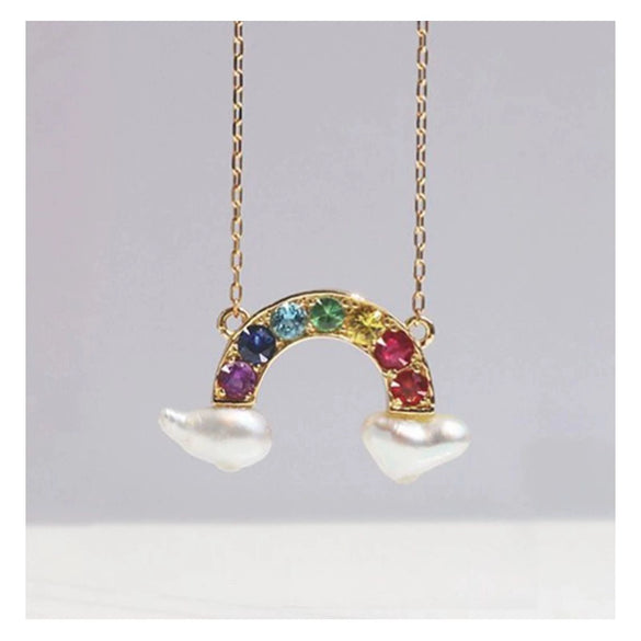 Necklace Stainless Steel Geometric U Shaped Rainbow Natural Baroque Pearl Multi Pendant Electroplating