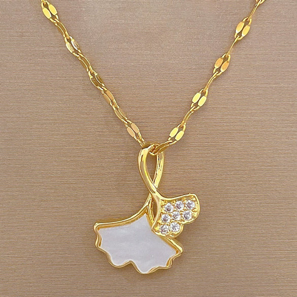 Necklace Stainless Steel Ginkgo Leaf Geometric Style