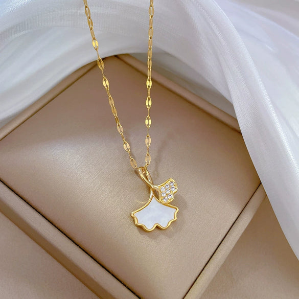 Necklace Stainless Steel Ginkgo Leaf Geometric Style