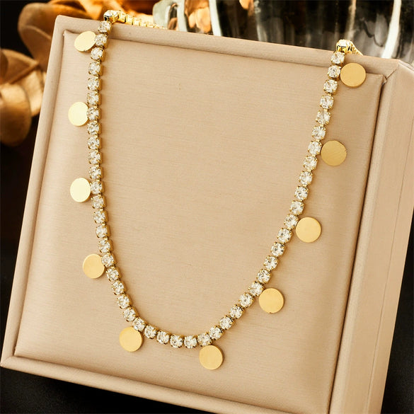 Necklace Stainless Steel Glossy Disc Pendant Diamond Rhinestone Fashionable Light Luxury Highend Nonfading