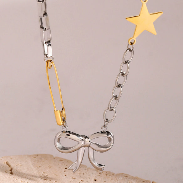 Necklace Stainless Steel Gold And Silver Color Matching Bow Pattern Electroplating For Women