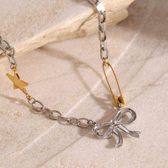Necklace Stainless Steel Gold And Silver Color Matching Bow Pattern Electroplating For Women