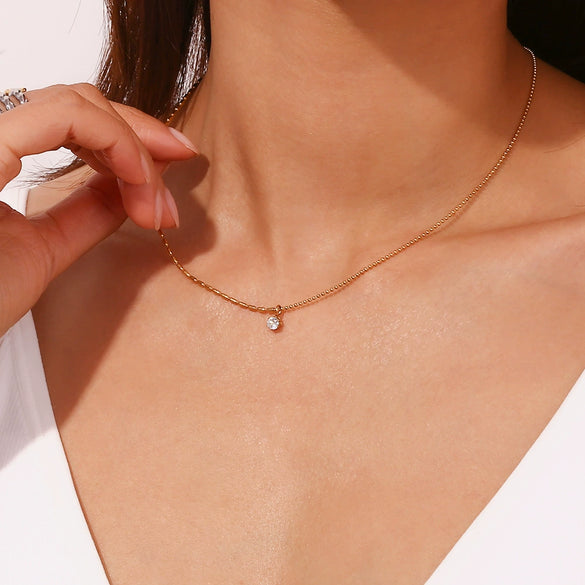 Necklace Stainless Steel Gold Plated Asymmetric Rice Beads Round Bead Chain Geometric Zircon For Women