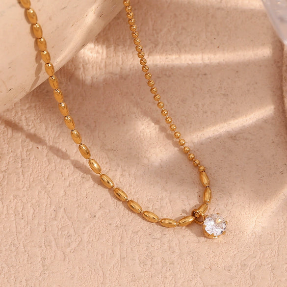 Necklace Stainless Steel Gold Plated Asymmetric Rice Beads Round Bead Chain Geometric Zircon For Women