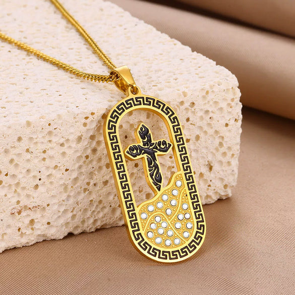 Necklace Stainless Steel Goldplated Cross Crown Wave Pattern Electroplating Design