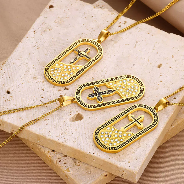 Necklace Stainless Steel Goldplated Cross Crown Wave Pattern Electroplating Design