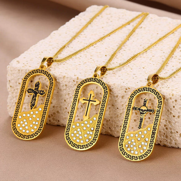 Necklace Stainless Steel Goldplated Cross Crown Wave Pattern Electroplating Design