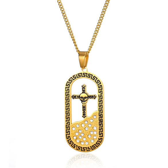 Necklace Stainless Steel Goldplated Cross Crown Wave Pattern Electroplating Design