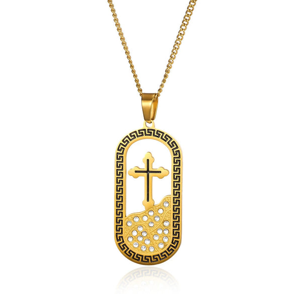 Necklace Stainless Steel Goldplated Cross Crown Wave Pattern Electroplating Design