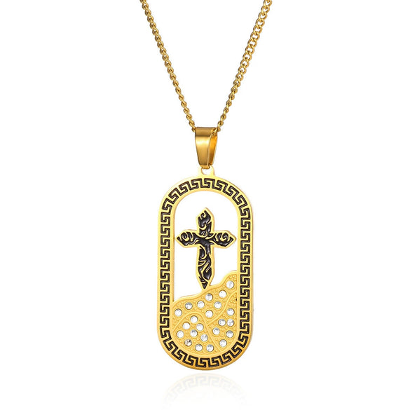 Necklace Stainless Steel Goldplated Cross Crown Wave Pattern Electroplating Design
