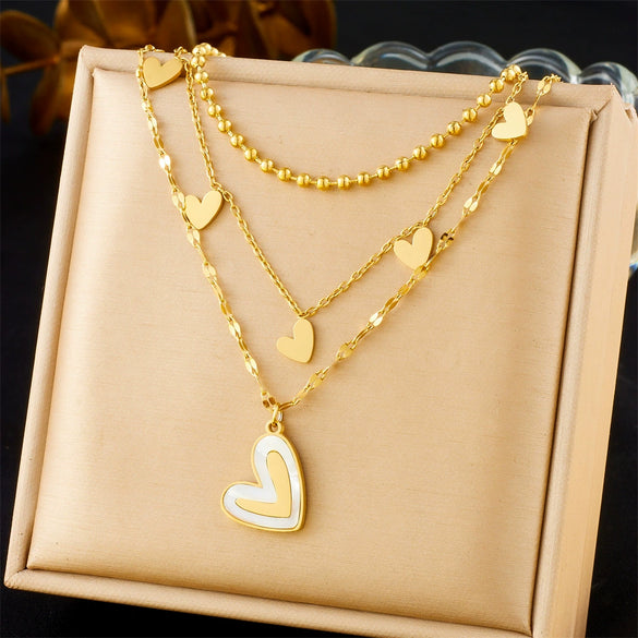 Necklace Stainless Steel Goldplated Multilayer Stacked White Shell Heart Shape Pendant