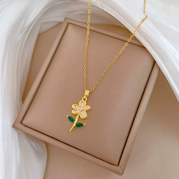 Necklace Stainless Steel Green Leaf Shell Flower Geometric Style