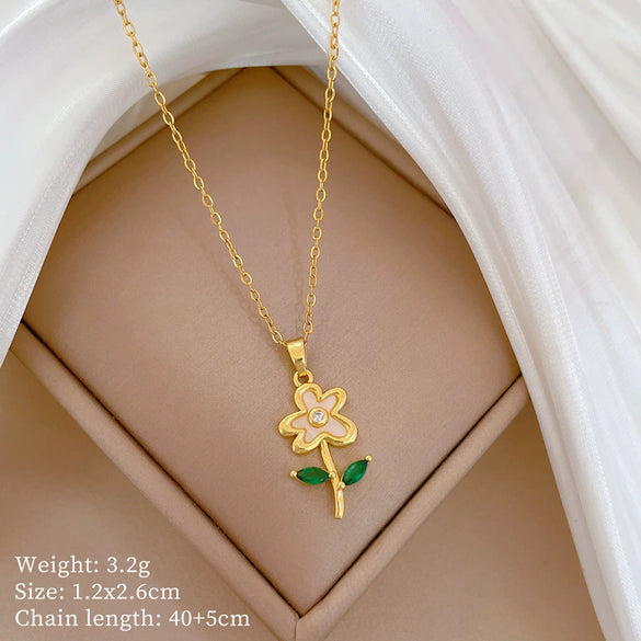 Necklace Stainless Steel Green Leaf Shell Flower Geometric Style