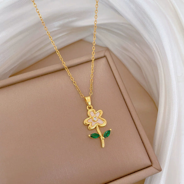 Necklace Stainless Steel Green Leaf Shell Flower Geometric Style