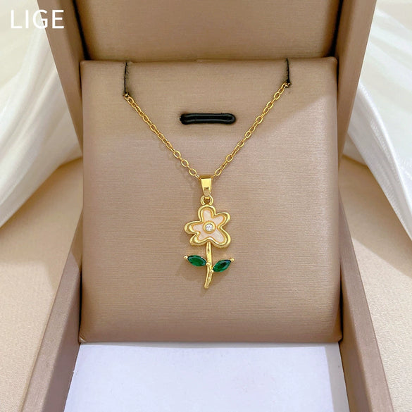 Necklace Stainless Steel Green Leaf Shell Flower Geometric Style