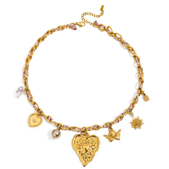 Necklace Stainless Steel Heart Bow Electroplating For Women Retro Layered Versatile Ins Style