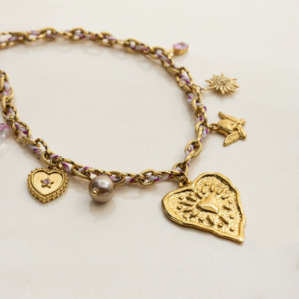 Necklace Stainless Steel Heart Bow Electroplating For Women Retro Layered Versatile Ins Style