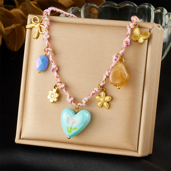 Necklace Stainless Steel Heart Shape Braided Rope Knotted Electroplating Fresh And Simple Women's