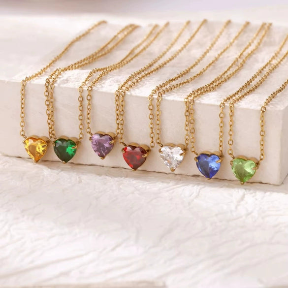 Necklace Stainless Steel Heart Shape Mixed Gemstone Setting Set With Diamonds Furnace Electroplated For Women