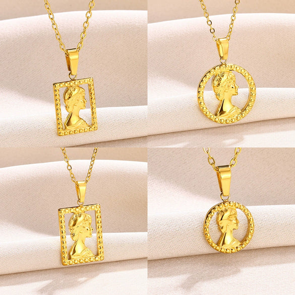 Necklace Stainless Steel Hip Hop Style Round Queen's Head Portrait Ochain Electroplated Women's