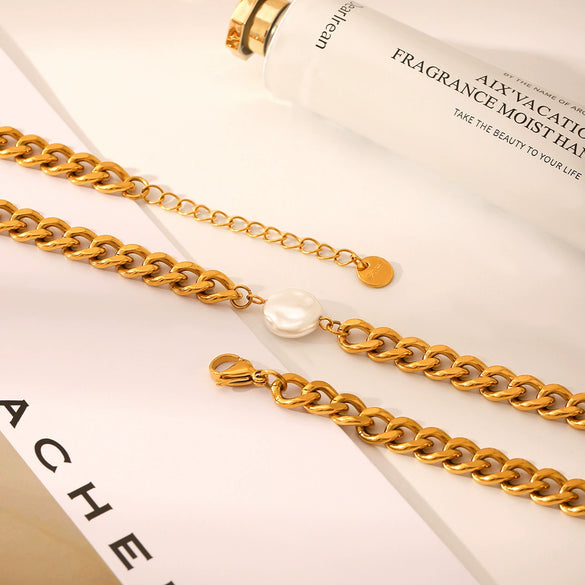 Necklace Stainless Steel Imitation Pearl Geometric Cuban Chain Baroque Style Vacuum Plated Electroplated For Women