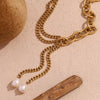 Necklace Stainless Steel 18K Gold Double Layer Cuban Chain O Shaped Freshwater Pearl Geometric Electroplated