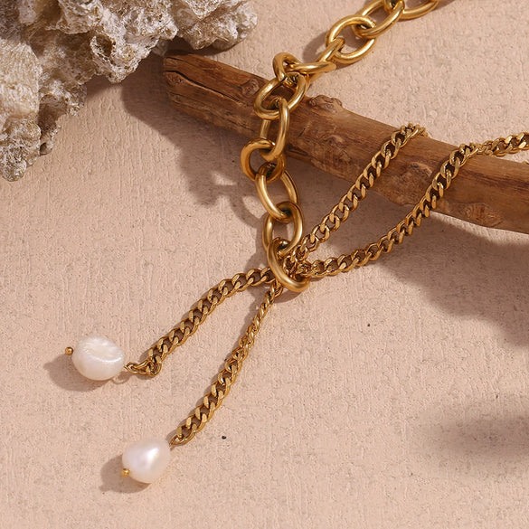 Necklace Stainless Steel 18K Gold Double Layer Cuban Chain O Shaped Freshwater Pearl Geometric Electroplated