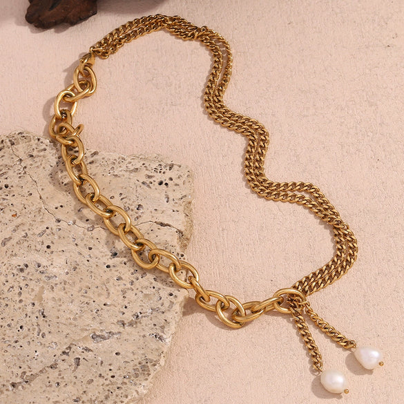Necklace Stainless Steel 18K Gold Double Layer Cuban Chain O Shaped Freshwater Pearl Geometric Electroplated