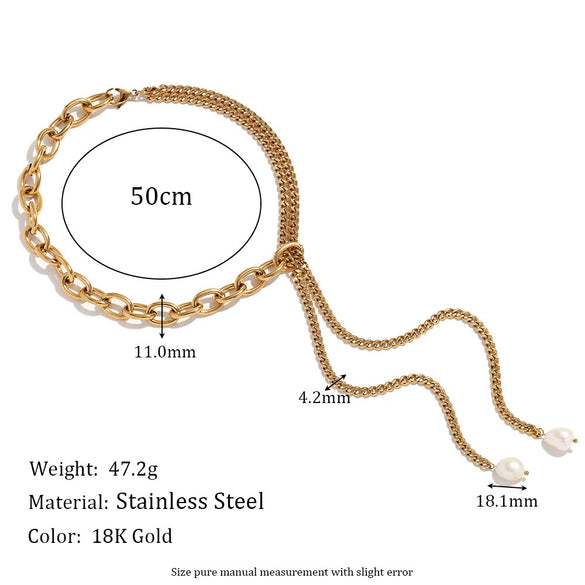 Necklace Stainless Steel 18K Gold Double Layer Cuban Chain O Shaped Freshwater Pearl Geometric Electroplated